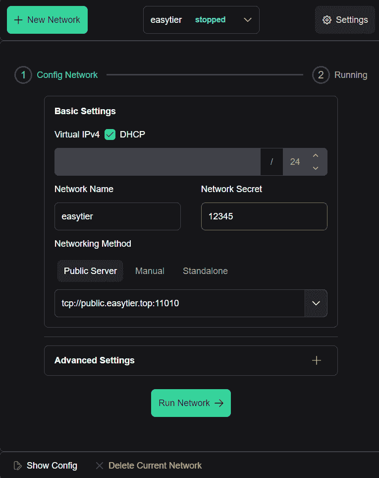 Easytier GUI configuration interface